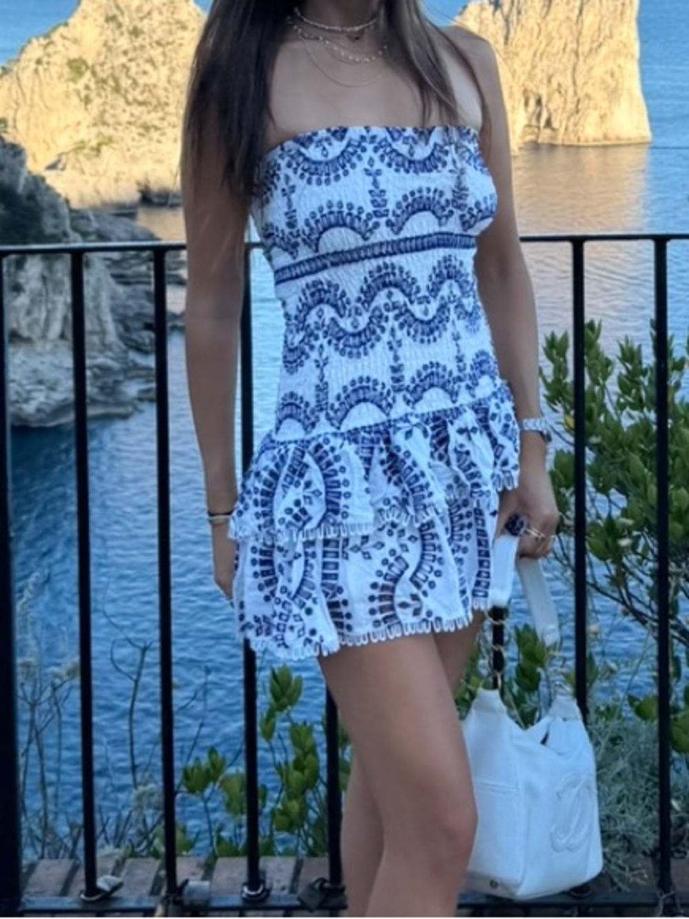Strapless White & Blue Embroidered Mini Dress